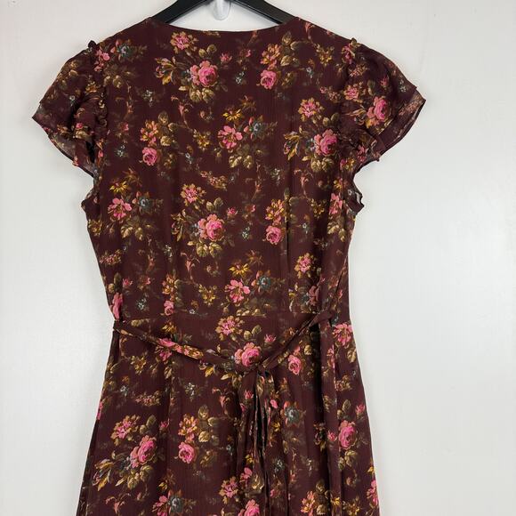 PAIGE Neroli Floral Print Silk Midi VNeck Dress Brown - S - Picture 7 of 9